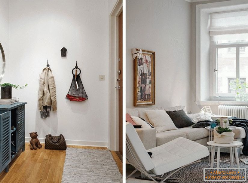 Передпокій і вітальня квартири-студії в скандинавському стилі