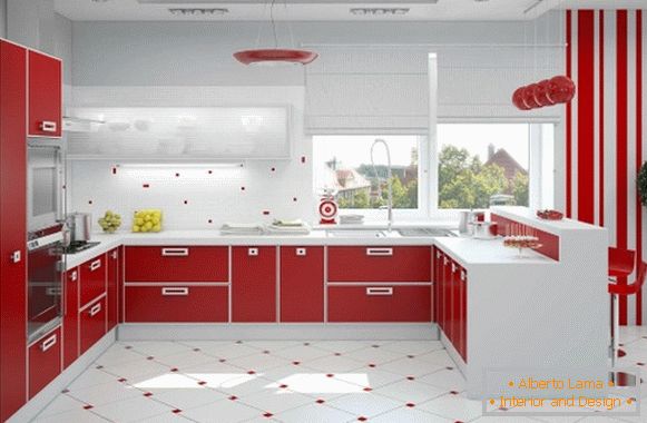 Дизайн червоно білої кухні фото 12