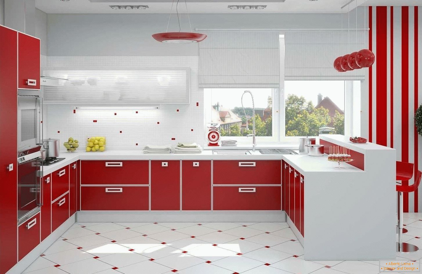 Червоно-білий інтер'єр кухні