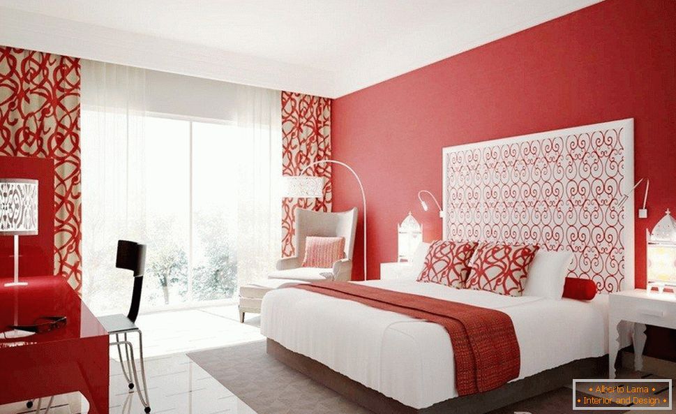 Білі меблі в спальні з червоними стінами