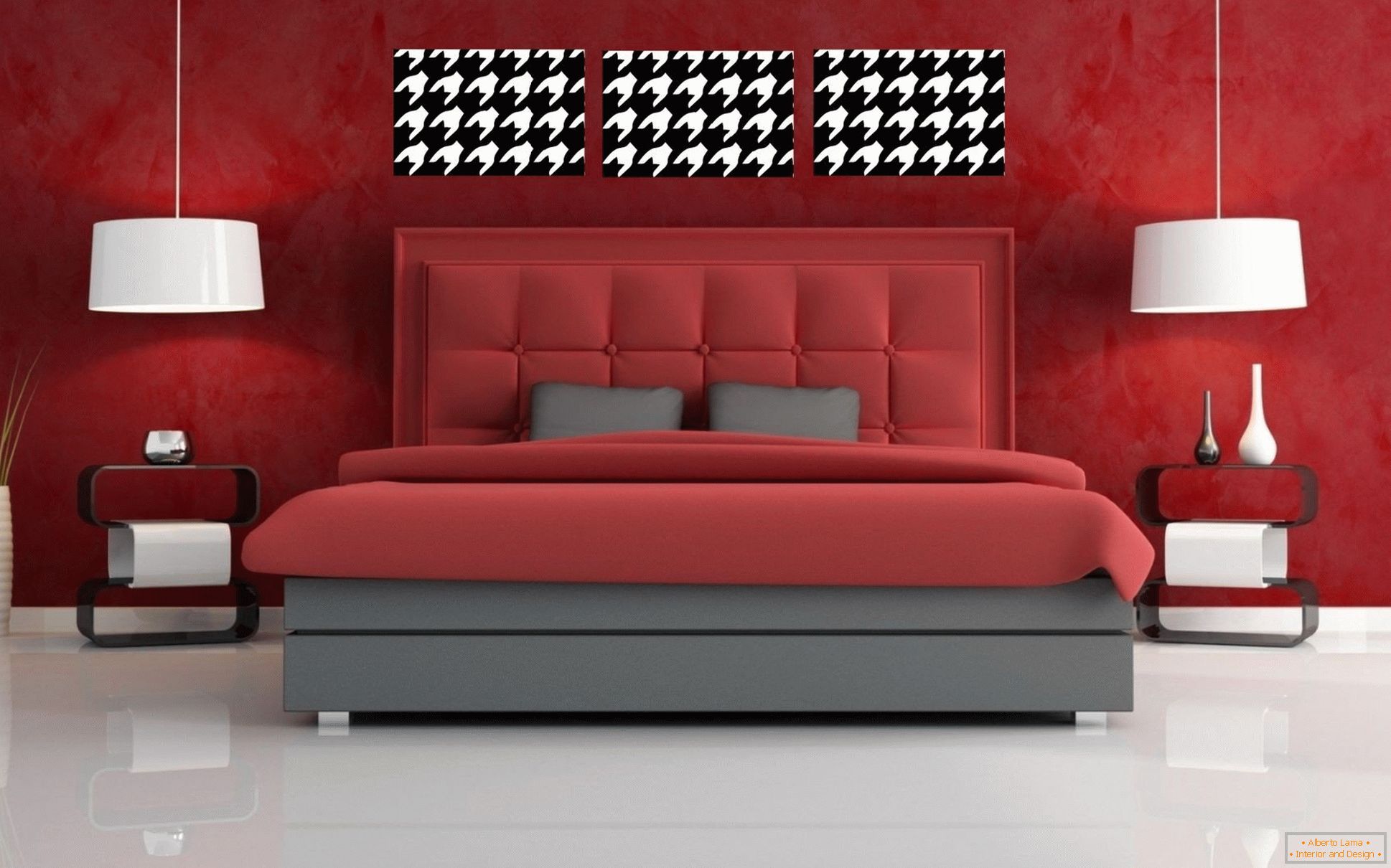 Білий підлогу і червоні стіни в спальні