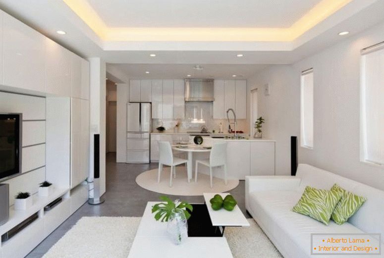 Біла кухня-вітальня-дизайн-ідеї, що стосуються житлових приміщень та кухні, комбінованих дизайнерських ідей для реконструкції-перегородки-кухня та житлова кімната