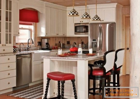 Яскравий інтер'єр кухні в стилі кантрі - фото в чорно-білому і червоному кольорах