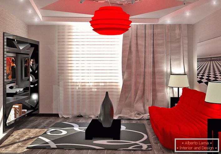 Люстра в стилі хай-тек яскраво-червоного кольору перегукується з правильно підібраною меблями.