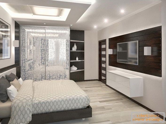 Світла, простора спальня в стилі хай-тек. Правильно підібрана меблі органічно поєднується з елементами оздоблення.