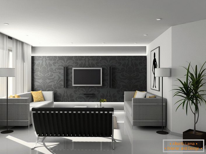 В оформленні кімнати для гостей в стилі хай-тек використані переважно строгі геометричні форми і відтінки сірого.