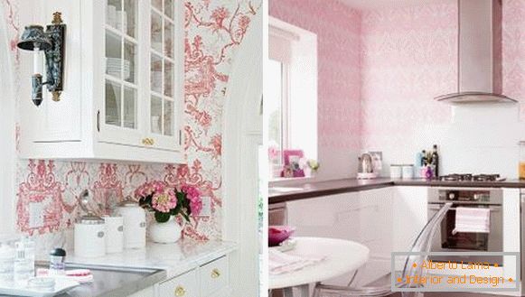 Рожеві кухні з шпалерами на стінах