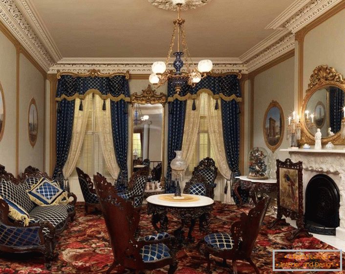 Відмінний приклад вибору меблів для вітальні в стилі бароко.