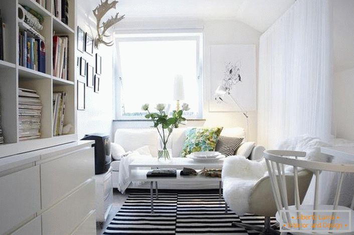 Класичне поєднання чорного і білого вигідно виглядає в інтер'єрі в скандинавському стилі. Білосніжна меблі робить вітальню світлою і затишною.