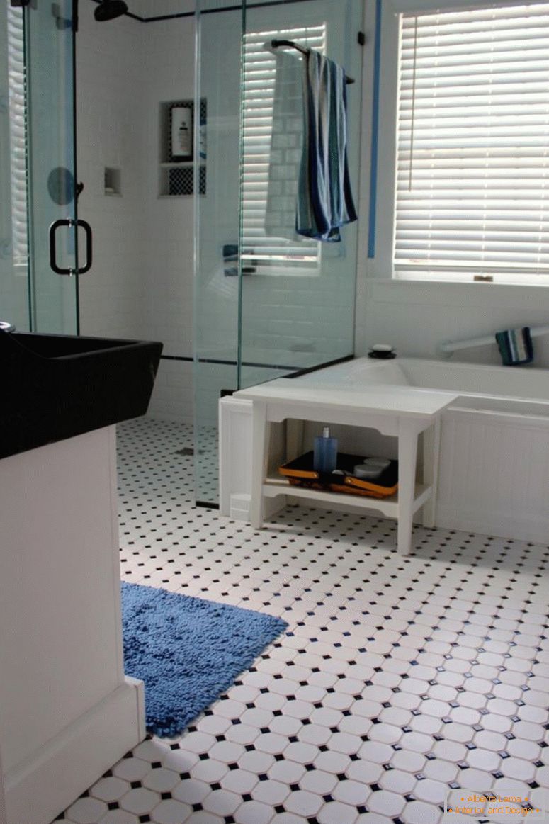 Ванна кімната-фантастика-біла-ванна-декоративна-дизайн-ідеї-з чорною та білою плиткою-ванною-підлозі-з-квадратне скло-душ-кімната-біла плитка-ванна-стін- Чарівні-марочні-ванної-черепичні візерунки