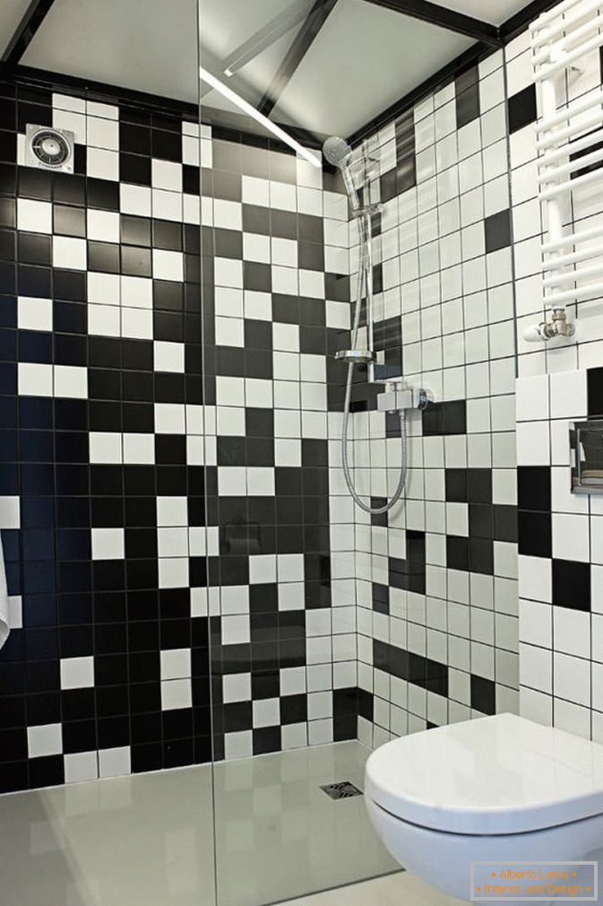 Ванна квартири-студії в чорно-білому кольорі