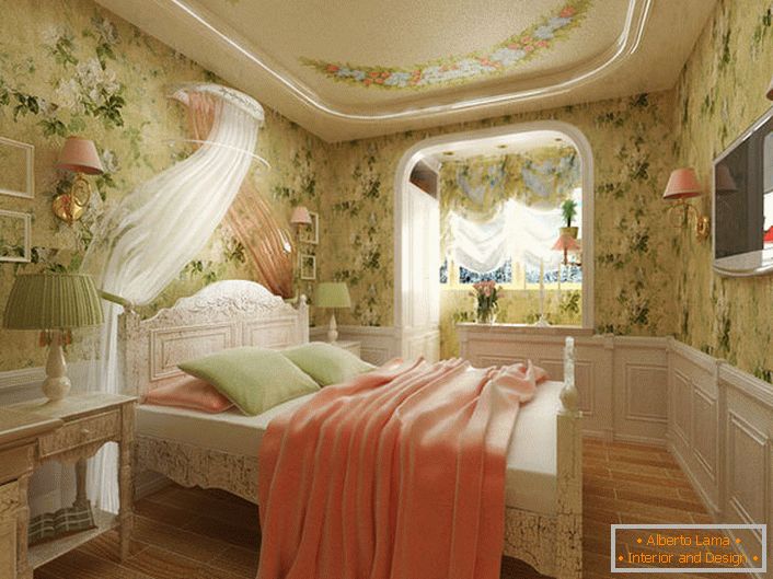 В рамках оформлення спальні використано безліч квітів, що цілком прийнятно, якщо мова йде про стилі кантрі.