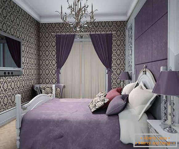 Спальня в фіолетових тонах - фото з візерунчастими шпалерами
