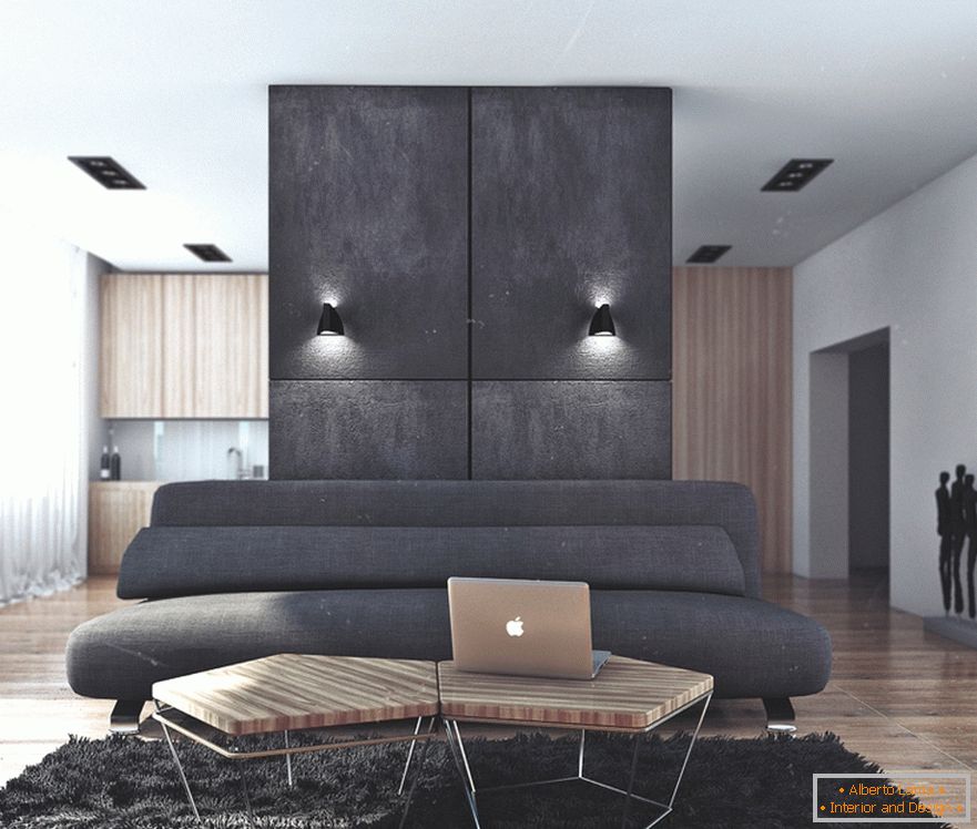 Поєднання чорного кольору і дерева в вітальні в квартирі для успішного холостяка в Росії
