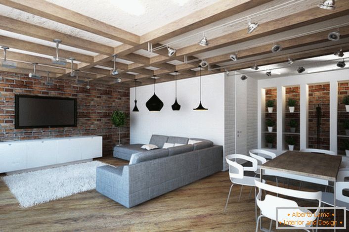 Дизайн квартири-студії в лофт стилі примітний своєю практичністю. Мінімум меблів робить кімнату просторою і світлою.
