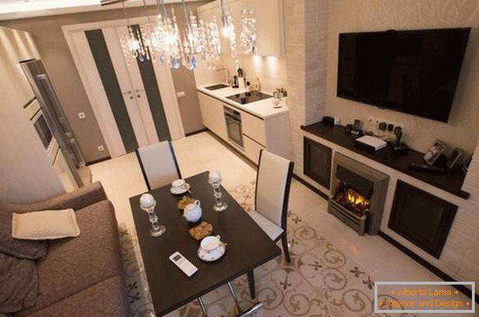 Дизайн інтер'єру двокімнатної квартири для сім'ї - фото вітальні з каміном
