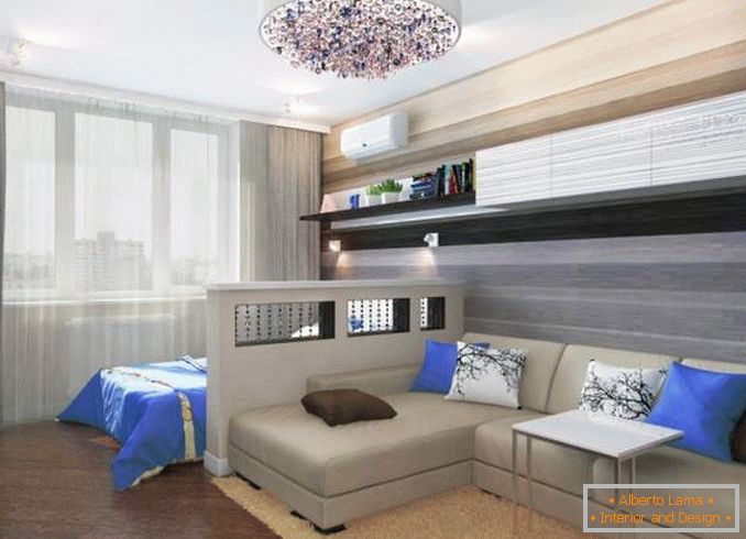 Дизайн двокімнатної квартири з дитячою - фото суміщеної спальні вітальні