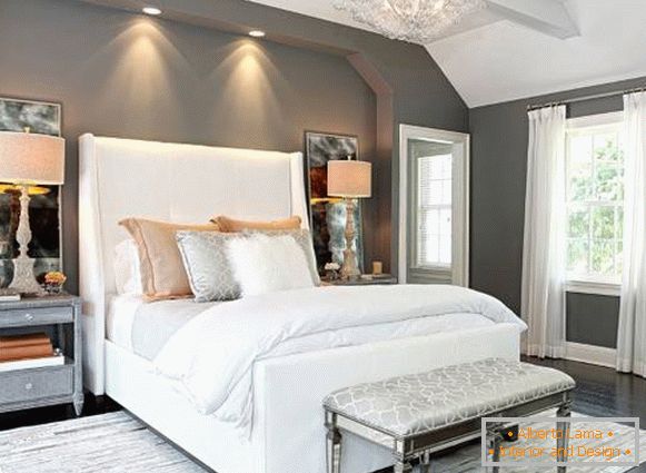Фото спальні в сучасному стилі з сірою фарбою на стінах