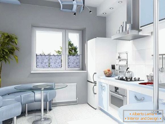 Інтер'єр маленької кухні в приватному будинку - дизайн в білому і синьому тонах