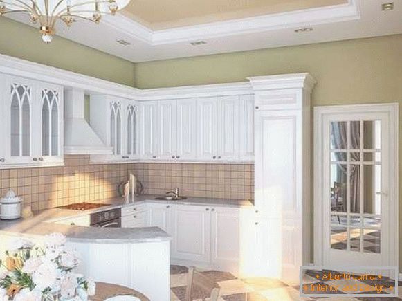 Інтер'єр невеликої кухні в приватному будинку - біла кухня в класичному стилі