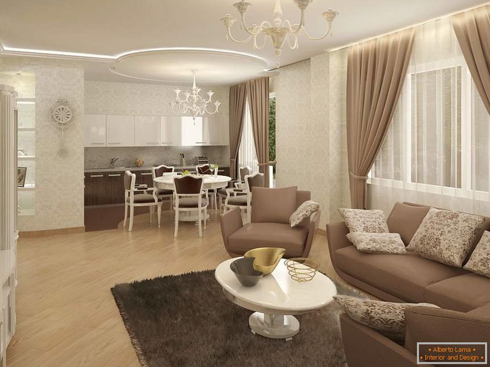 Дизайн кухні залу в квартирі в класичному стилі