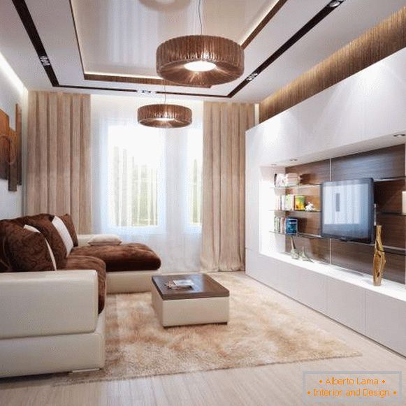 Сучасний дизайн залу в квартирі в белом и коричневом цвете