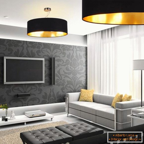Сучасний дизайн залу в квартирі в черно-белом цвете