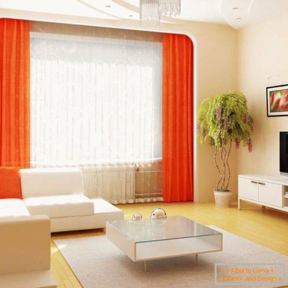 Дизайн залу в квартирі в білому кольорі з помаранчевим декором
