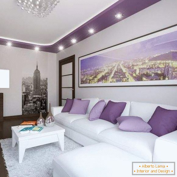 Сучасний дизайн залу в квартирі в белом и фиолетовом цвете