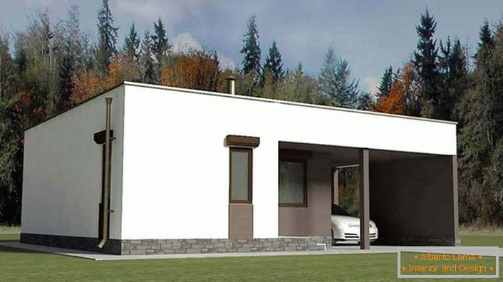 Одноповерховий будинок в стилі хай-тек з невеликим навісом для машини - відмінний і недорогий варіант заміської нерухомості.