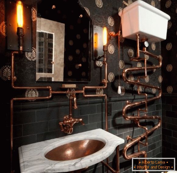 Ванна кімната в стилі стімпанк з викторианскими шпалерами на стінах