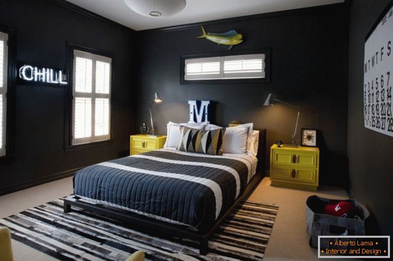 темна спальня-ідеї-teenege-декор-жовтий-мінімалістський-шафа-солодкий-дизайн-просторий дерев'яний настільний учений-Джерсі-стійка-телевізор-чорна книжка-полиці-парасолька-освітлення-і-білий- виступає в