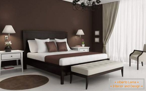 Темні шпалери коричневого кольору в дизайні спальні