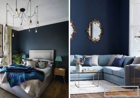 Темні шпалери синього кольору і дерев'яна підлога