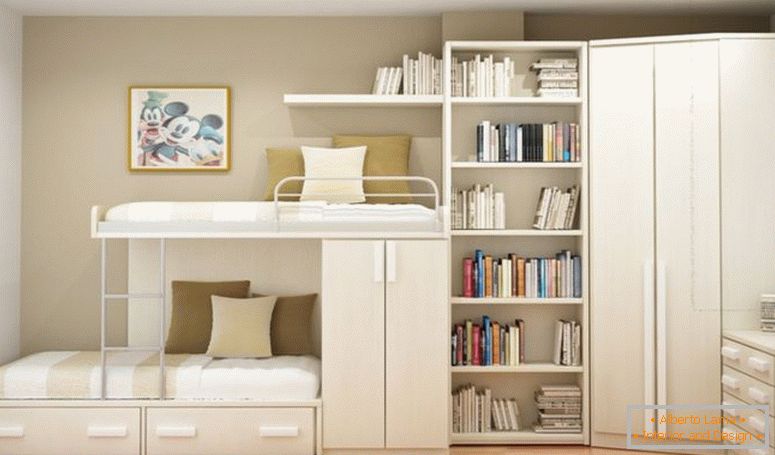 біло-дерев'яний-двоярусний-з-склади-також-ящики-комбіновані-з-книжки-полиці-і-кутовий гардероб-на-куті-з-крем-стін-кімната