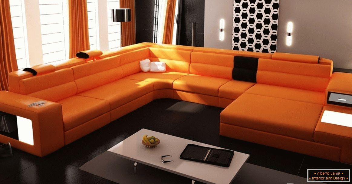 Помаранчевий диван в суворої вітальні