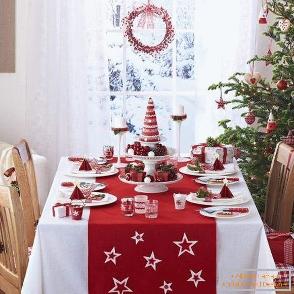 Декор новорічного столу своїми руками в червоно-білих кольорах