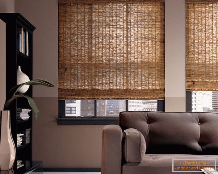 Підйомні штори з бамбука - нестандартний варіант оформлення інтер'єру сучасної просторій вітальні або офісу.