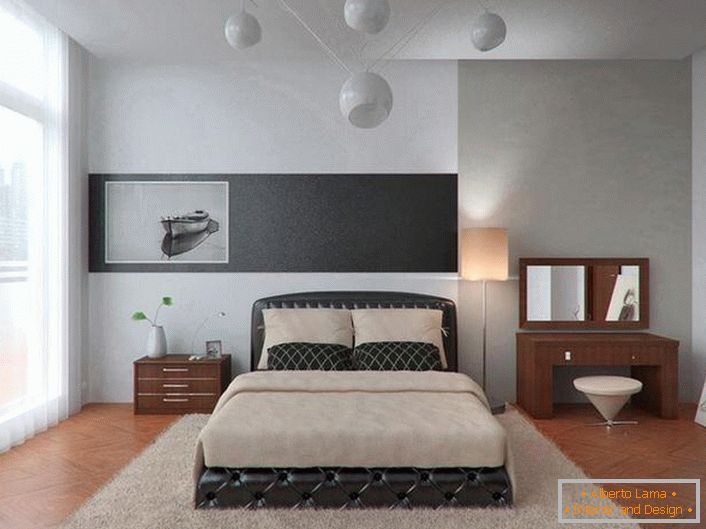 Велике ліжко в стилі мінімалізм оббита шкірою. Цікаве рішення для стильної спальні.