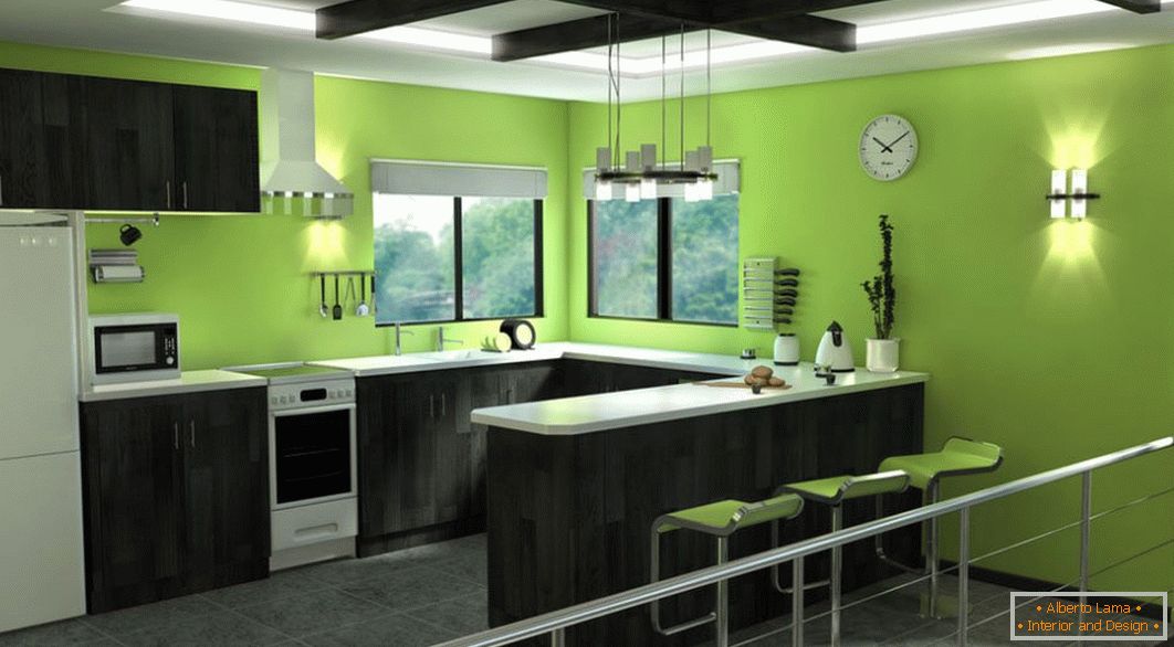 Зелена кухня з чорною меблями
