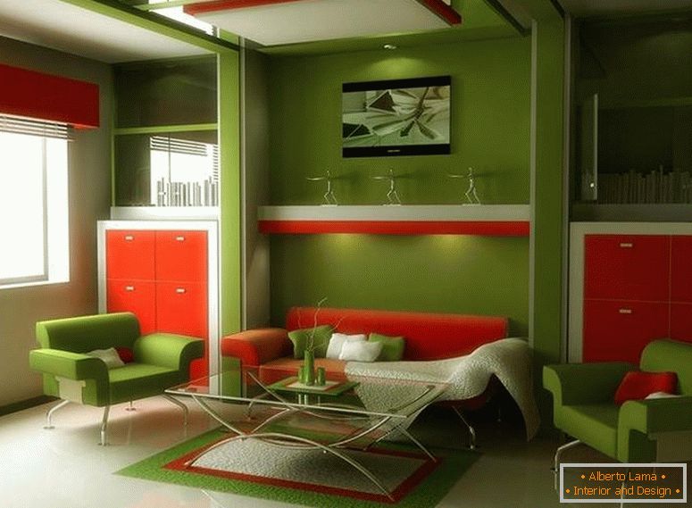 Зелений інтер'єр з помаранчевої меблями