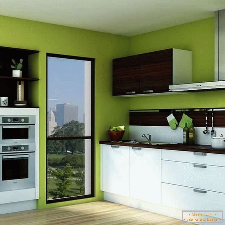 Яскраво-зелений колір стін і біла кухня