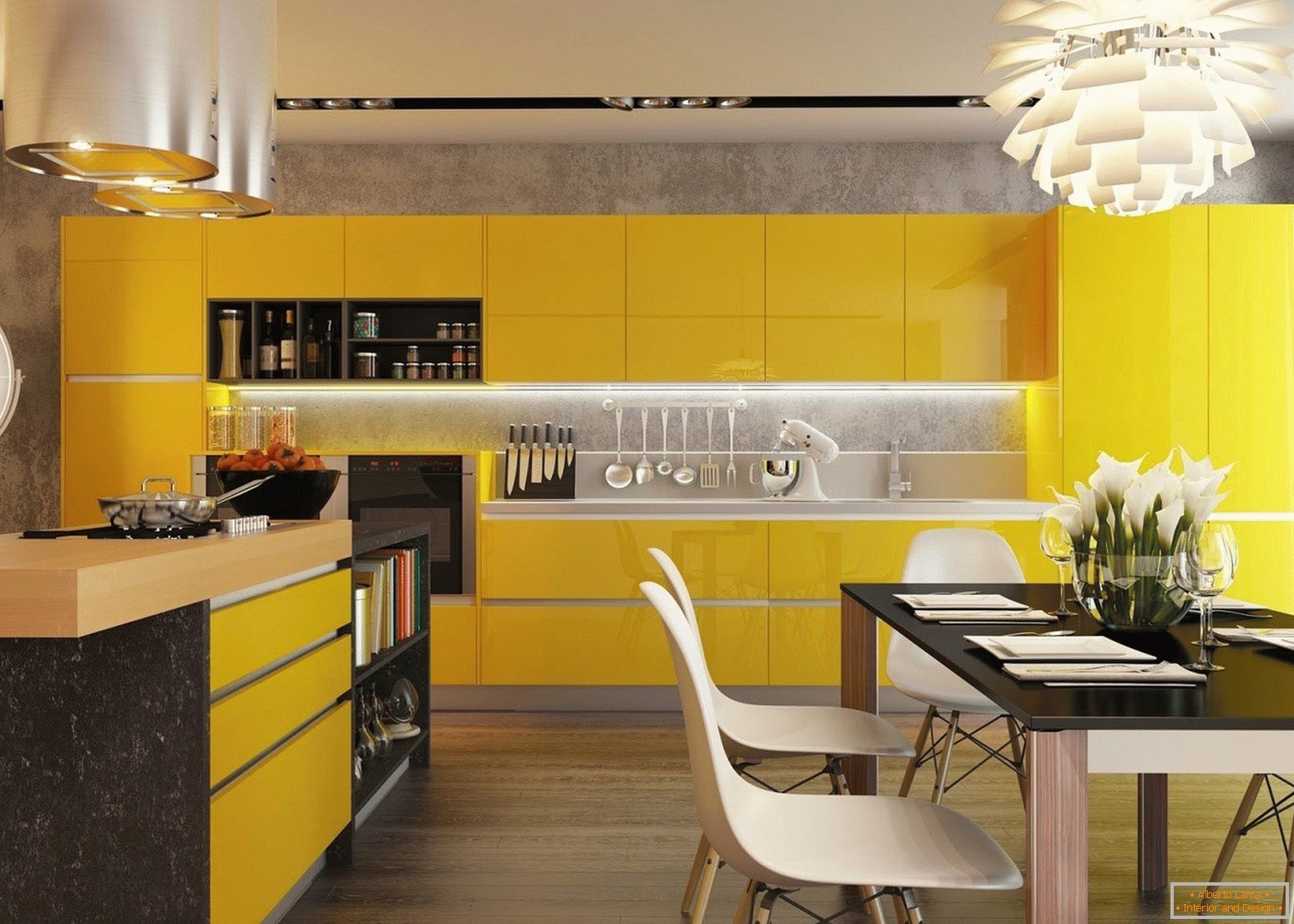 Кухня з жовтими фасадами і чорним столом