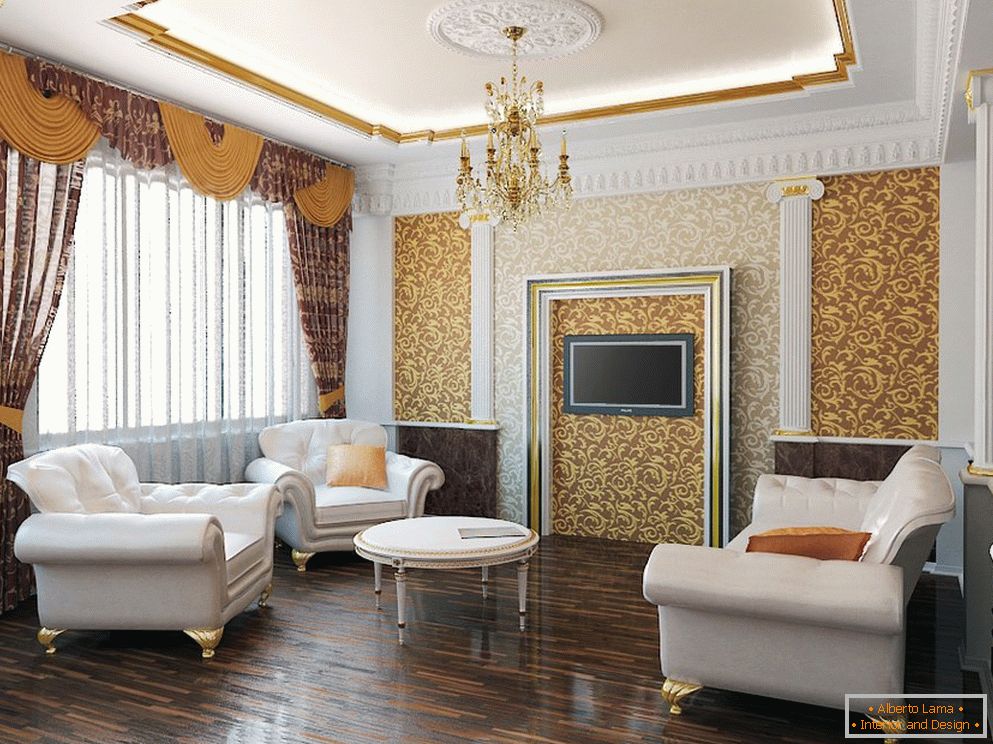 Відтінки золотого і білого в інтер'єрі вітальні