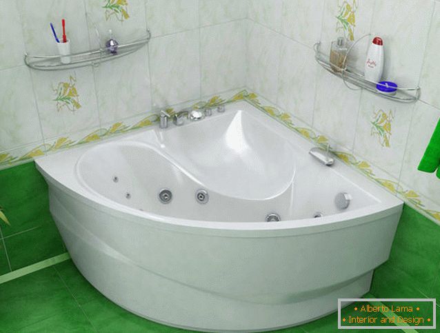 Білосніжна кутова ванна на тлі зеленої плитки