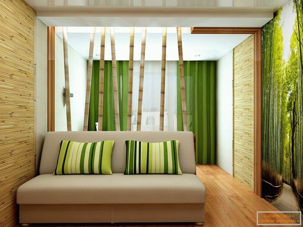 Стовбури бамбука за диваном