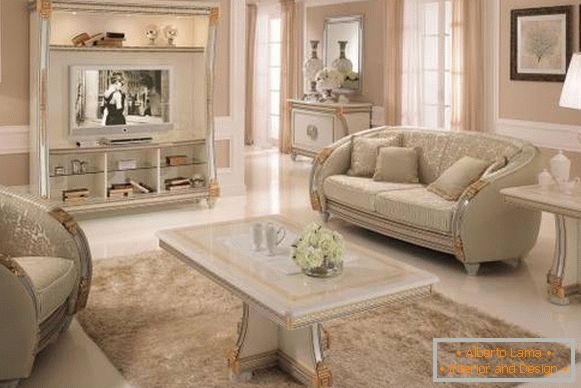 Класичний дизайн вітальні з білими меблями - фото
