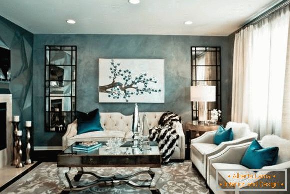 Шикарний дизайн вітальні з білими меблями - фото з блакитним
