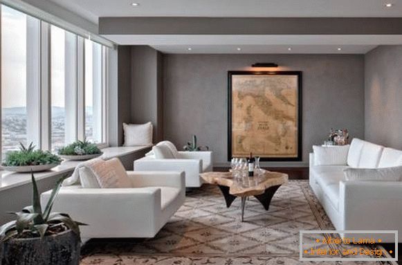 Дизайн вітальні з білими меблями - фото з сірими стінами