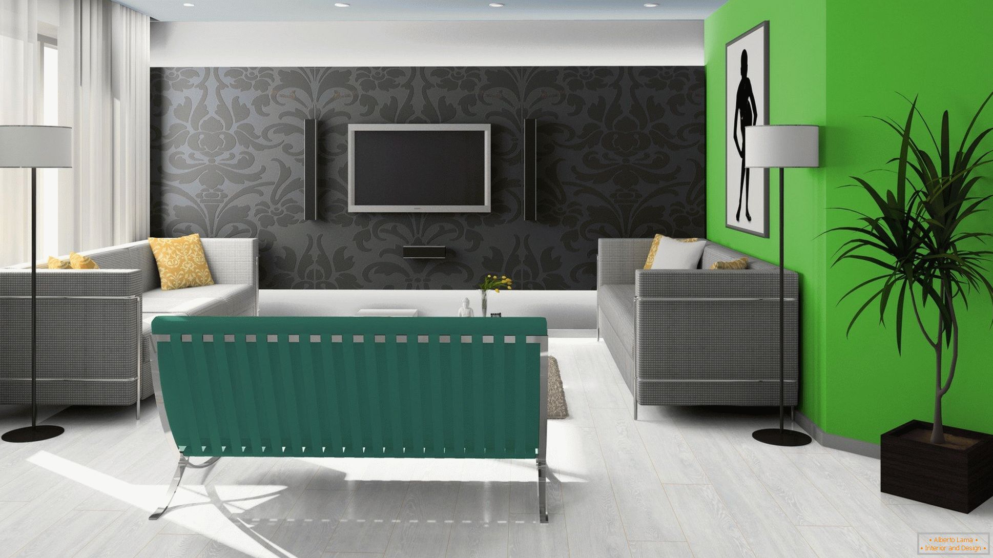 Чорний, зелений і білий в дизайні вітальні